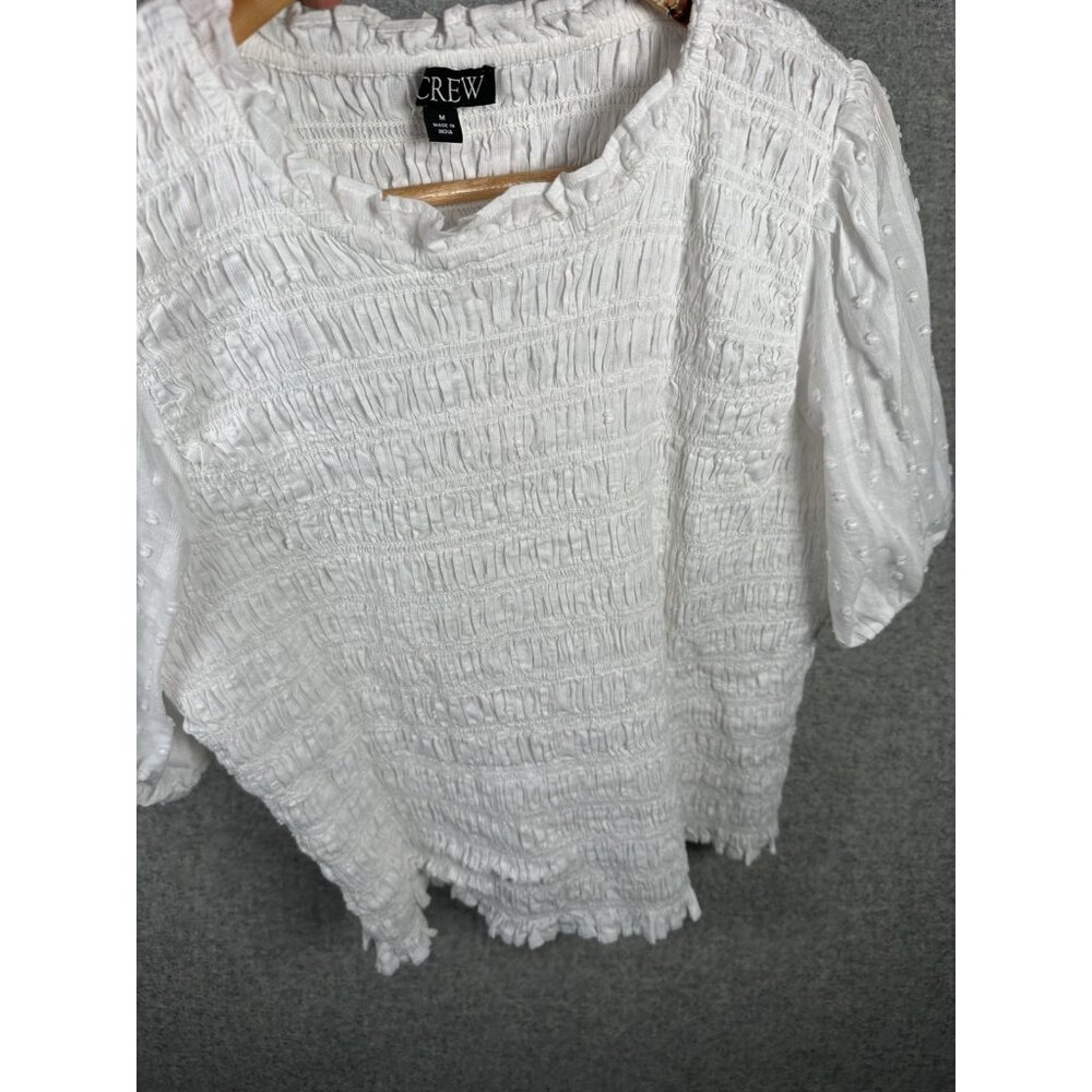 J.‎ Crew Medium Womens Top White Crinkle Stretch Cotton Short Sleeve Boho - Picture 14 of 16